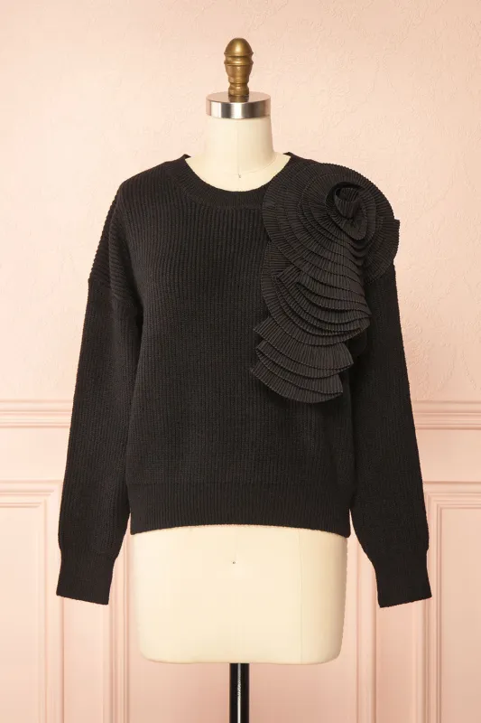 Dharapani | Black Sweater with Pleated Flower sold by Boutique 1861