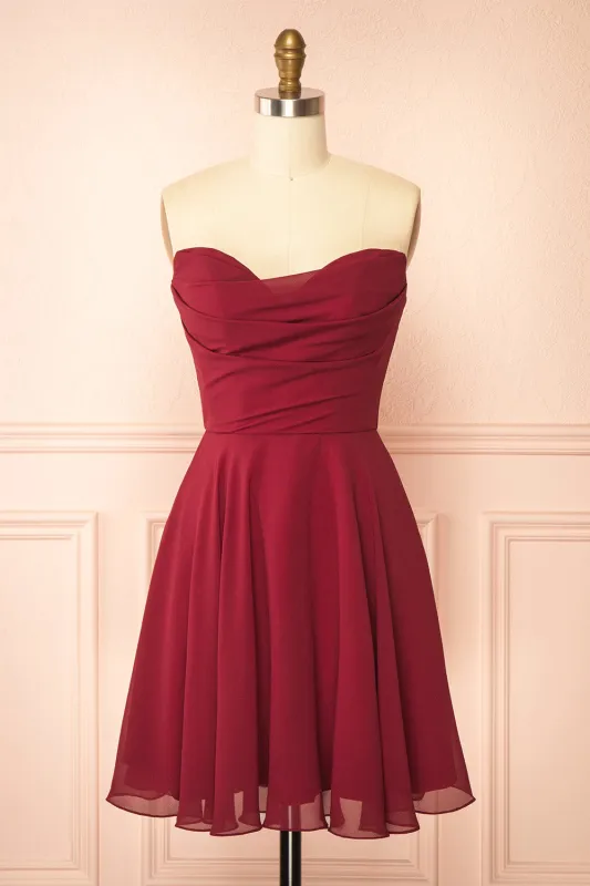 Tamy Burgundy | Short Chiffon Dress with Sweetheart Neckline sold by Boutique 1861