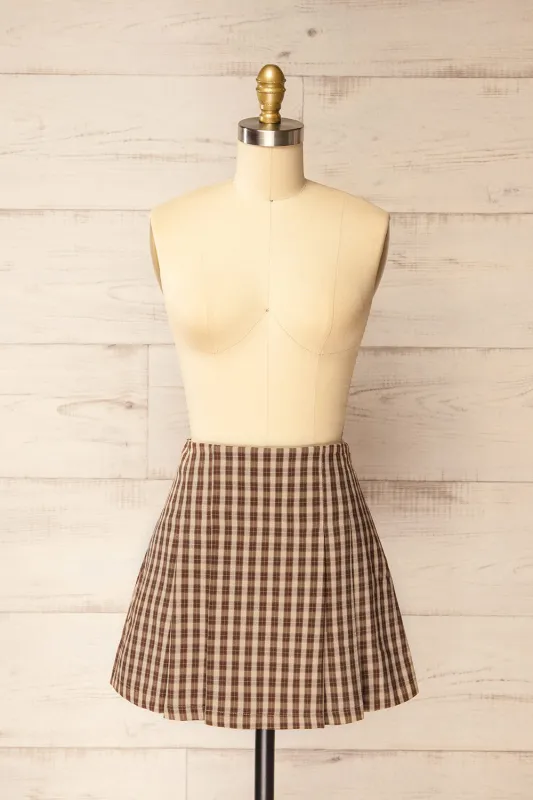 Goldhunga | Short Brown Plaid Skirt with Pleats sold by Boutique 1861