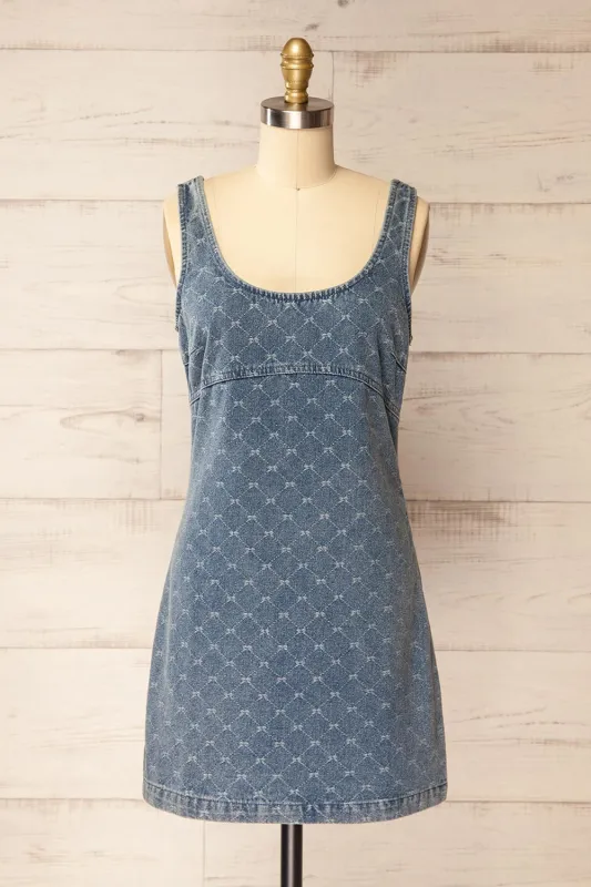 Chisapani | Blue Denim Mini Dress with Bow Pattern sold by Boutique 1861