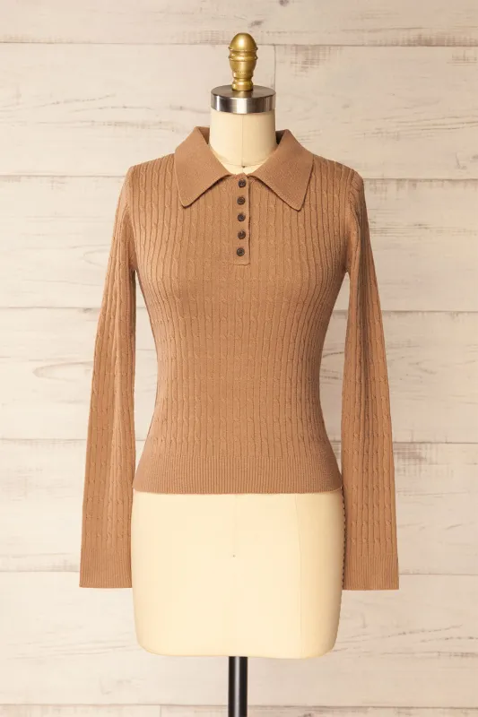 Charaundi | Caramel Long Sleeve Collared Knit Top sold by Boutique 1861