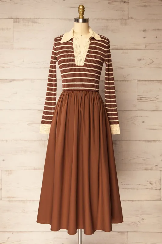 Cayce | Long Brown Striped Knit Dress with Crochet Details sold by Boutique 1861