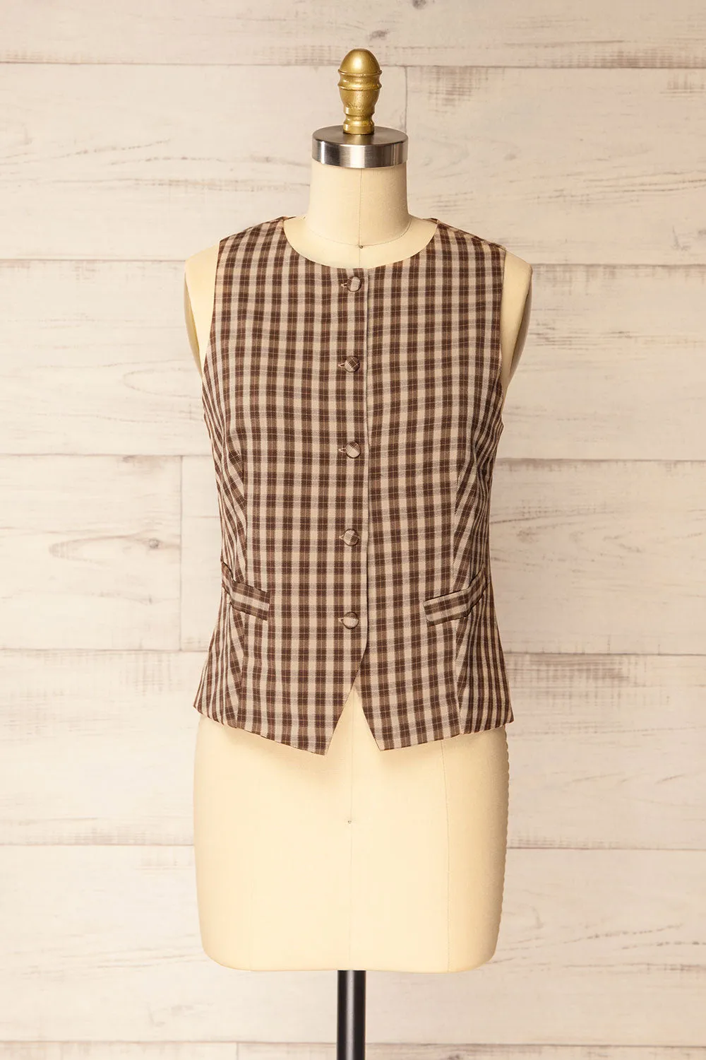 Carince | Brown Plaid Button Down Vest sold by Boutique 1861