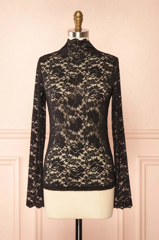 Sarida Black | Sheer Fitted Lace Top sold by Boutique 1861