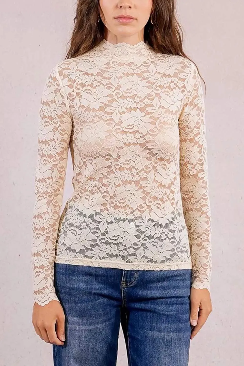 Sarida Beige | Sheer Fitted Lace Top sold by Boutique 1861 product image thumbnail 3