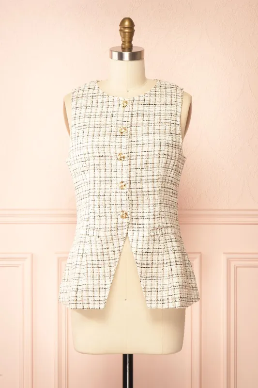 Gisella | Sleveless Tweed Top with Gold Buttons sold by Boutique 1861