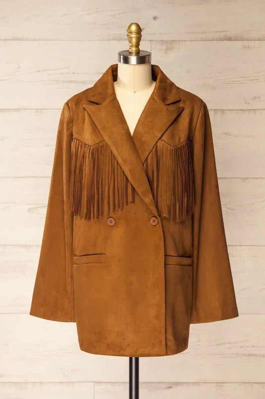 Aiken | Brown Faux Suede Jacket with Fringes sold by Boutique 1861