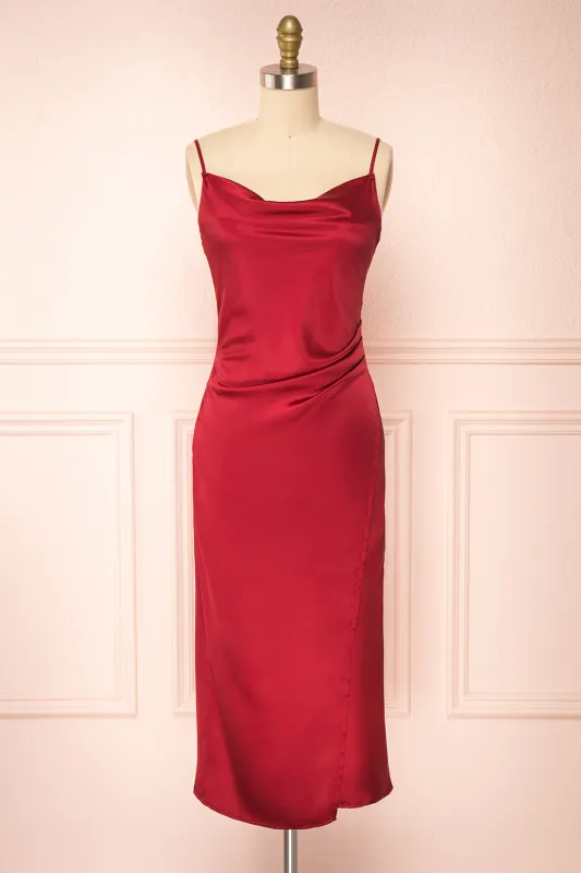 Chloe Burgundy | Cowl Neck Satin Slip Dress sold by Boutique 1861