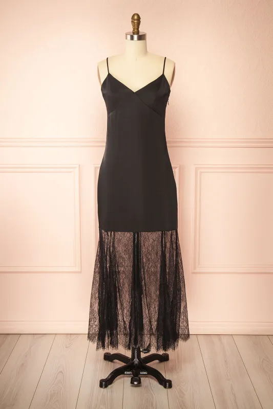 Marlie | Black Satin Midi Dress with Lace sold by Boutique 1861