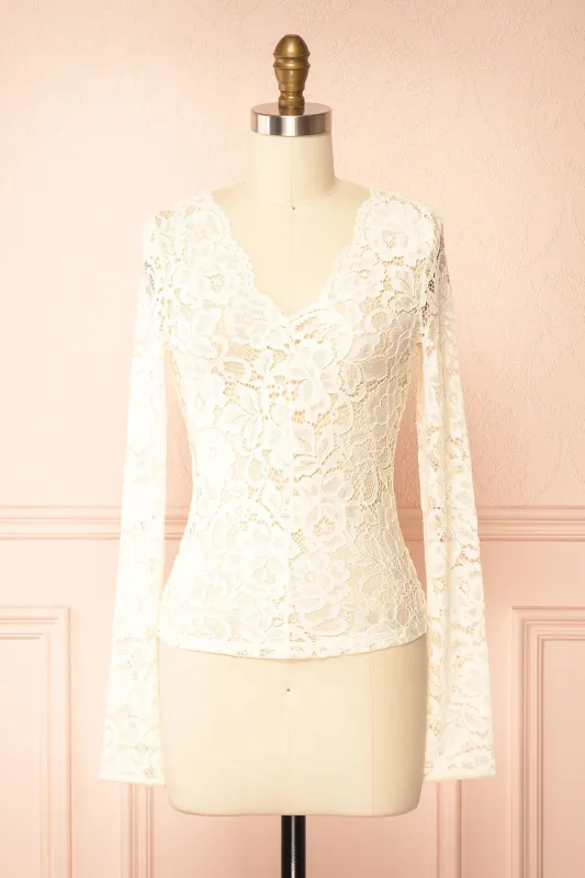 Rokia | Sheer Fitted Ivory Lace Top with V Neck sold by Boutique 1861