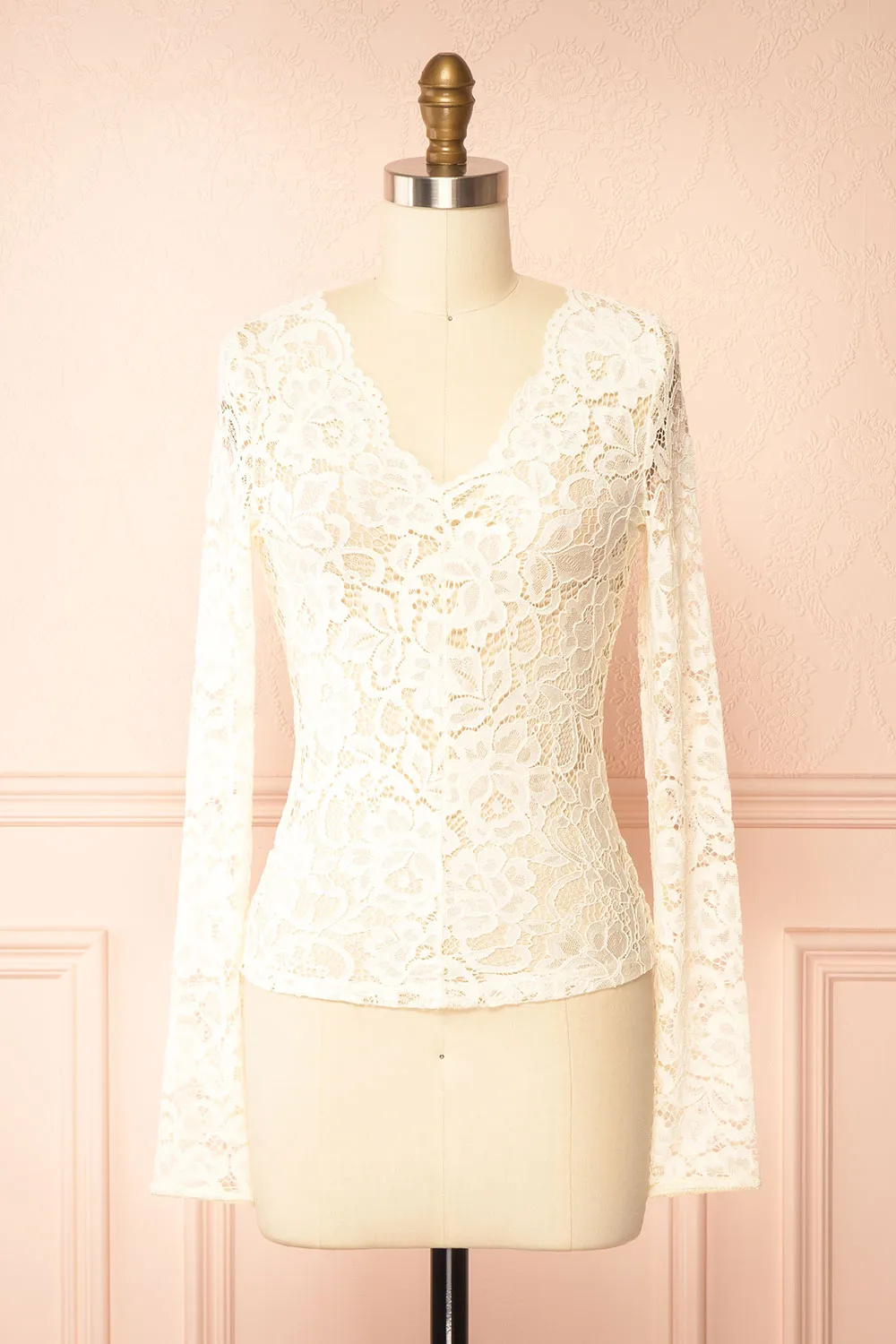 Rokia | Sheer Fitted Ivory Lace Top with V Neck sold by Boutique 1861