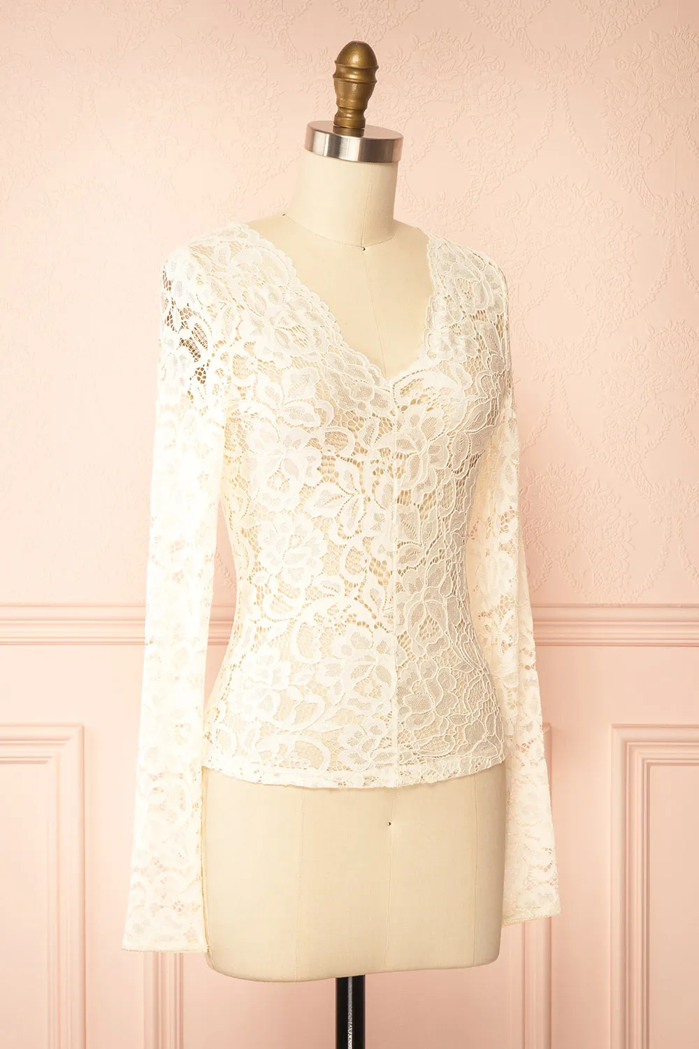 Rokia | Sheer Fitted Ivory Lace Top with V Neck sold by Boutique 1861 product image thumbnail 3