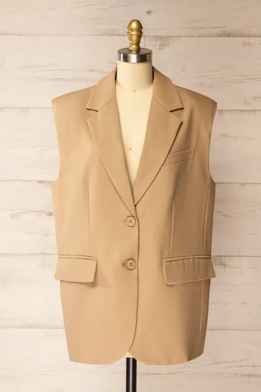 Myret | Long Sleeveless Beige Blazer sold by Boutique 1861