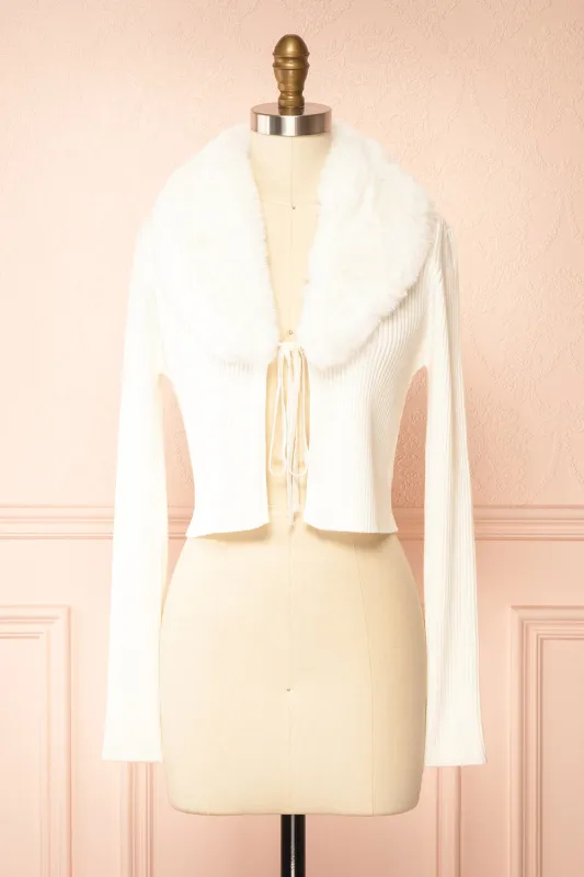 Sherie Ivory | Ribbed Cardigan with Faux Fur Collar sold by Boutique 1861