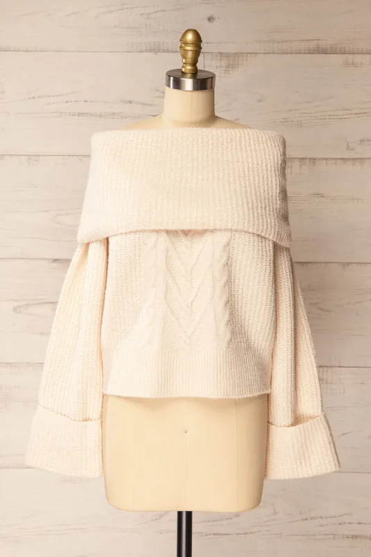 Merewyn | Beige Knitted Off-Shoulder Top sold by Boutique 1861