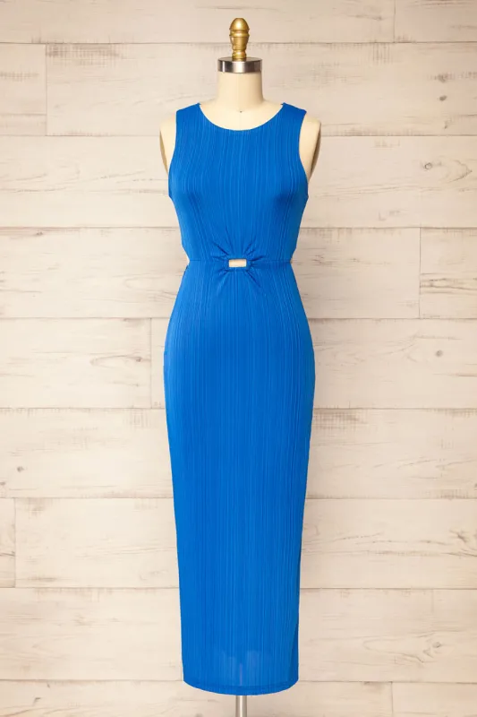 Penticton | Blue Fitted Midi Dress w/ Cut-Outs sold by Boutique 1861