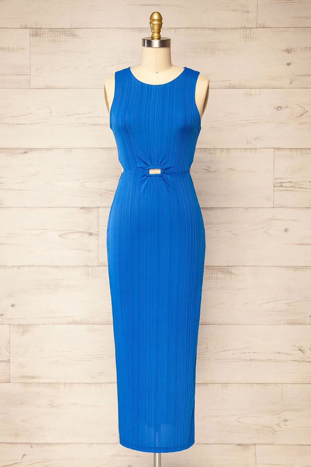 Penticton | Blue Fitted Midi Dress w/ Cut-Outs sold by Boutique 1861