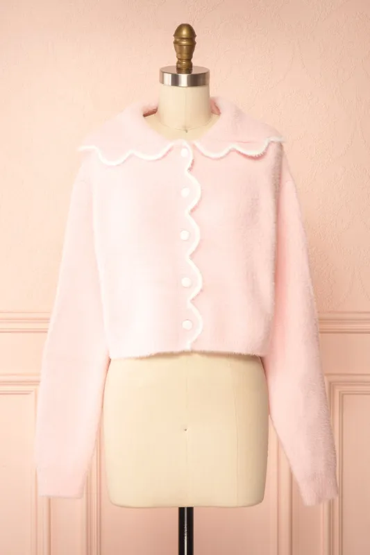 Myrabel | Pink Fuzzy Cardigan with Scalloped Hem sold by Boutique 1861