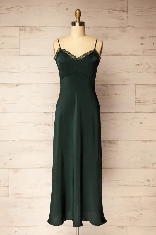 Zephara | Green Satin Dress with Lace sold by Boutique 1861