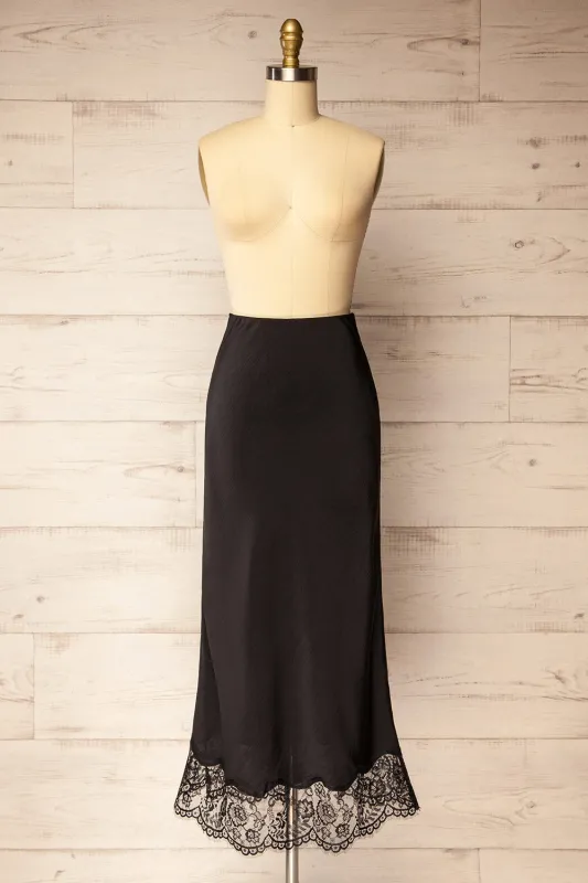 Vrako Black | Midi Satin Skirt with Lace sold by Boutique 1861