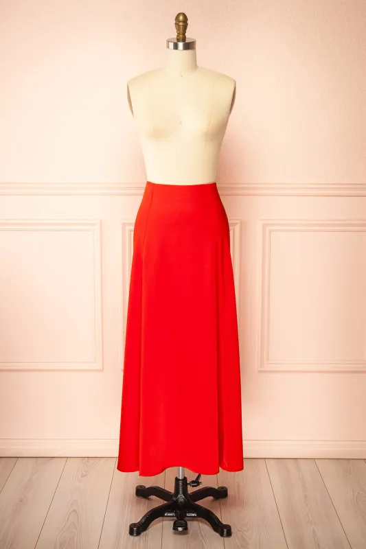 Kormo Red | Long Satin Skirt sold by Boutique 1861