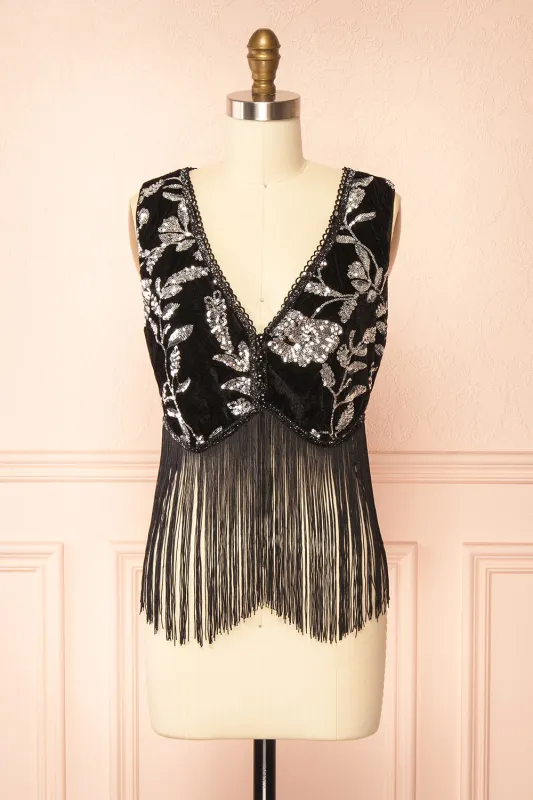 Elna | Black Velvet Vest with Fringes sold by Boutique 1861