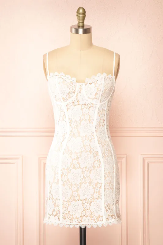 Lyssandra | Fitted White Lace Mini Dress sold by Boutique 1861
