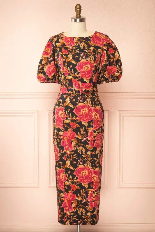 Yeseul | Colourful Fitted Floral Denim Dress sold by Boutique 1861