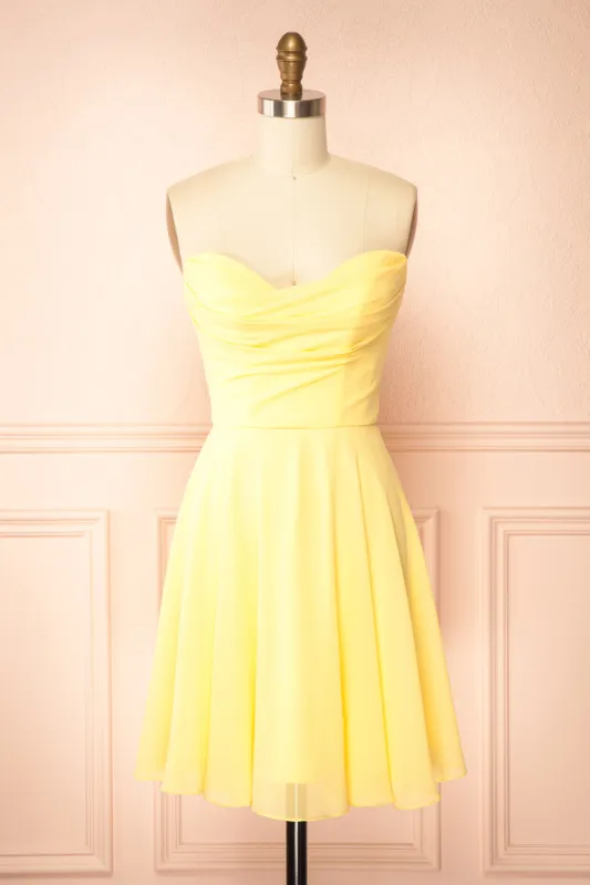 Tamy Light Yellow | Short Chiffon Dress with Sweetheart Neckline sold by Boutique 1861