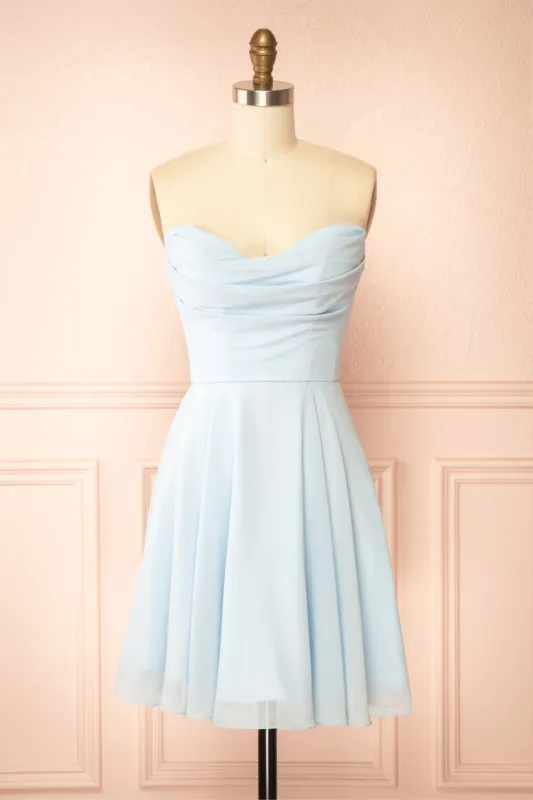 Tamy Light Blue | Short Chiffon Dress with Sweetheart Neckline sold by Boutique 1861