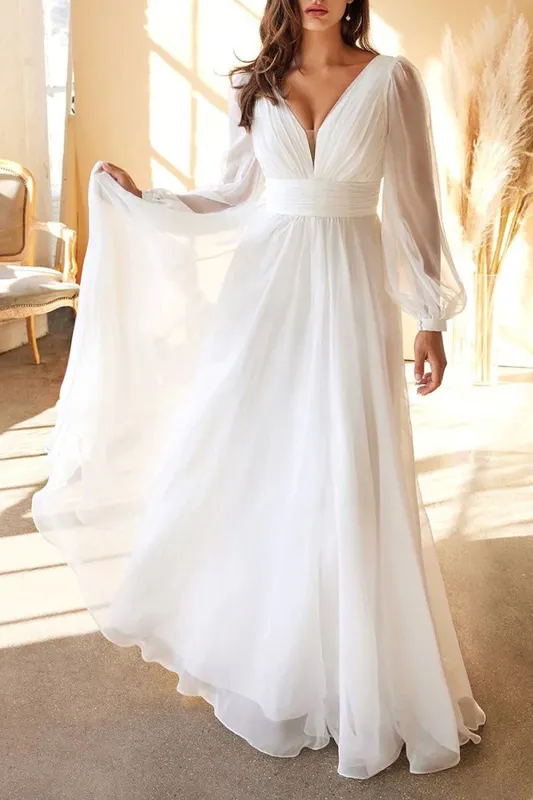 Vaiana | Layered Chiffon A-Line Gown with Sheer Sleeves sold by Boutique 1861