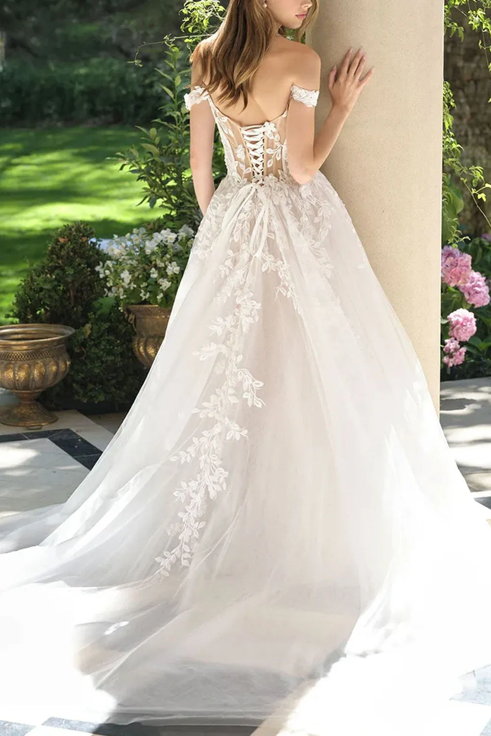 Nocthera | Layered Tulle Maxi Corset Wedding Dress with Removable Straps sold by Boutique 1861 product image thumbnail 4