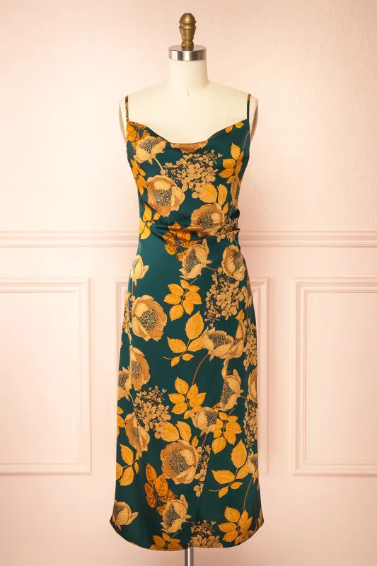 Hinaya Green | Floral Cowl Neck Satin Midi Slip Dress sold by Boutique 1861