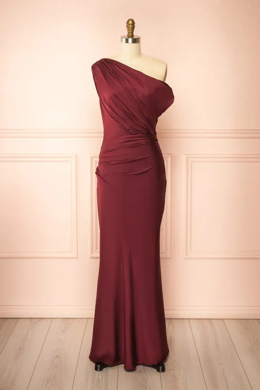 Colleen Burgundy | Asymmetrical Satin Dress sold by Boutique 1861