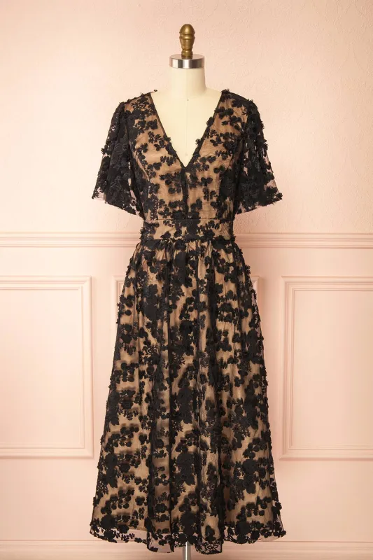 Oukie Black | Midi Floral Lace Dress sold by Boutique 1861