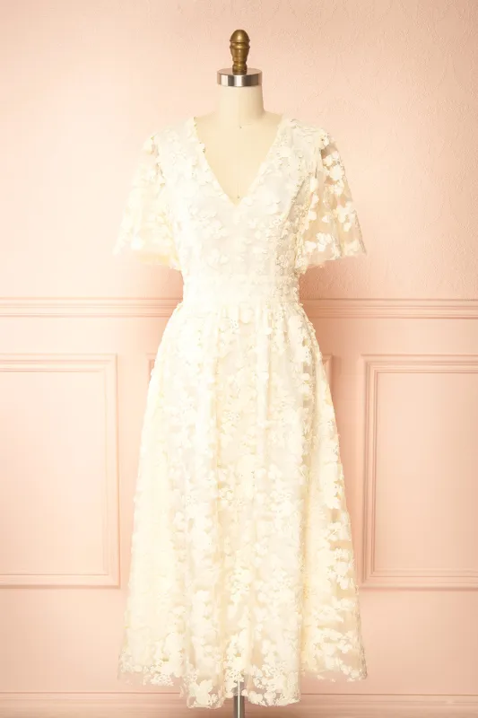 Oukie Ivory | Midi Floral Lace Dress sold by Boutique 1861