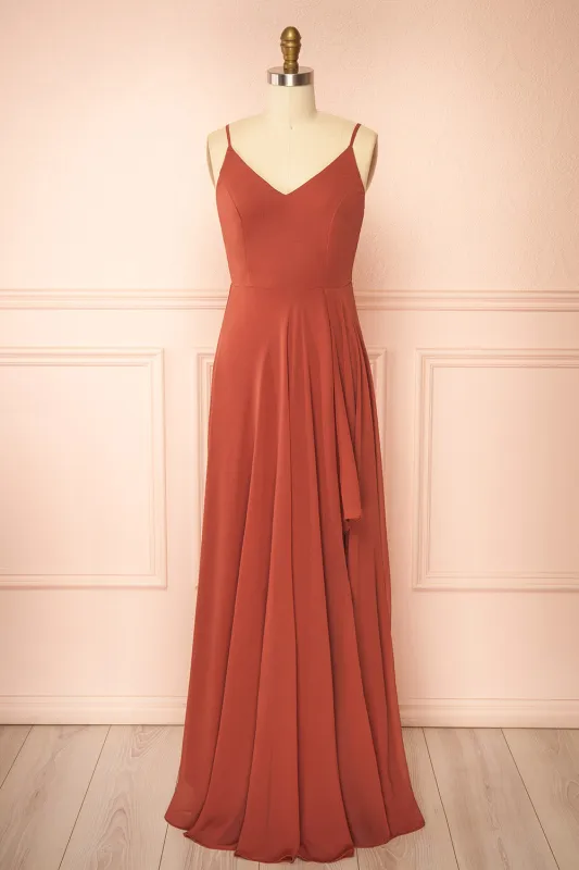Diana Rust | Exclusive 1861 A-Line Chiffon Dress with Slit sold by Boutique 1861