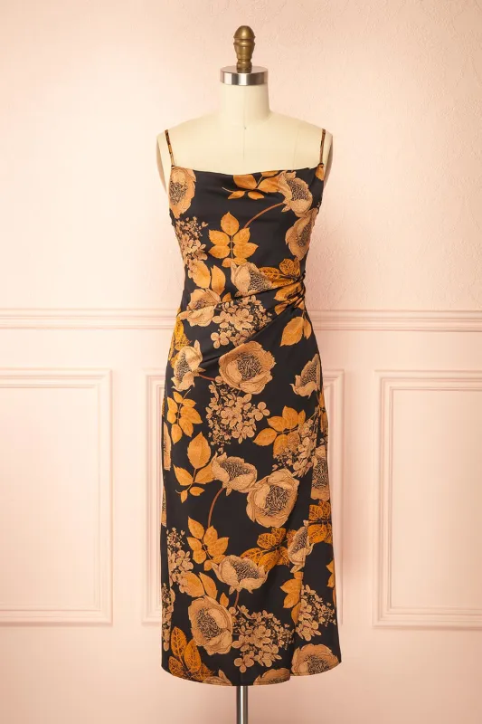 Hinaya Black | Floral Cowl Neck Satin Midi Slip Dress sold by Boutique 1861