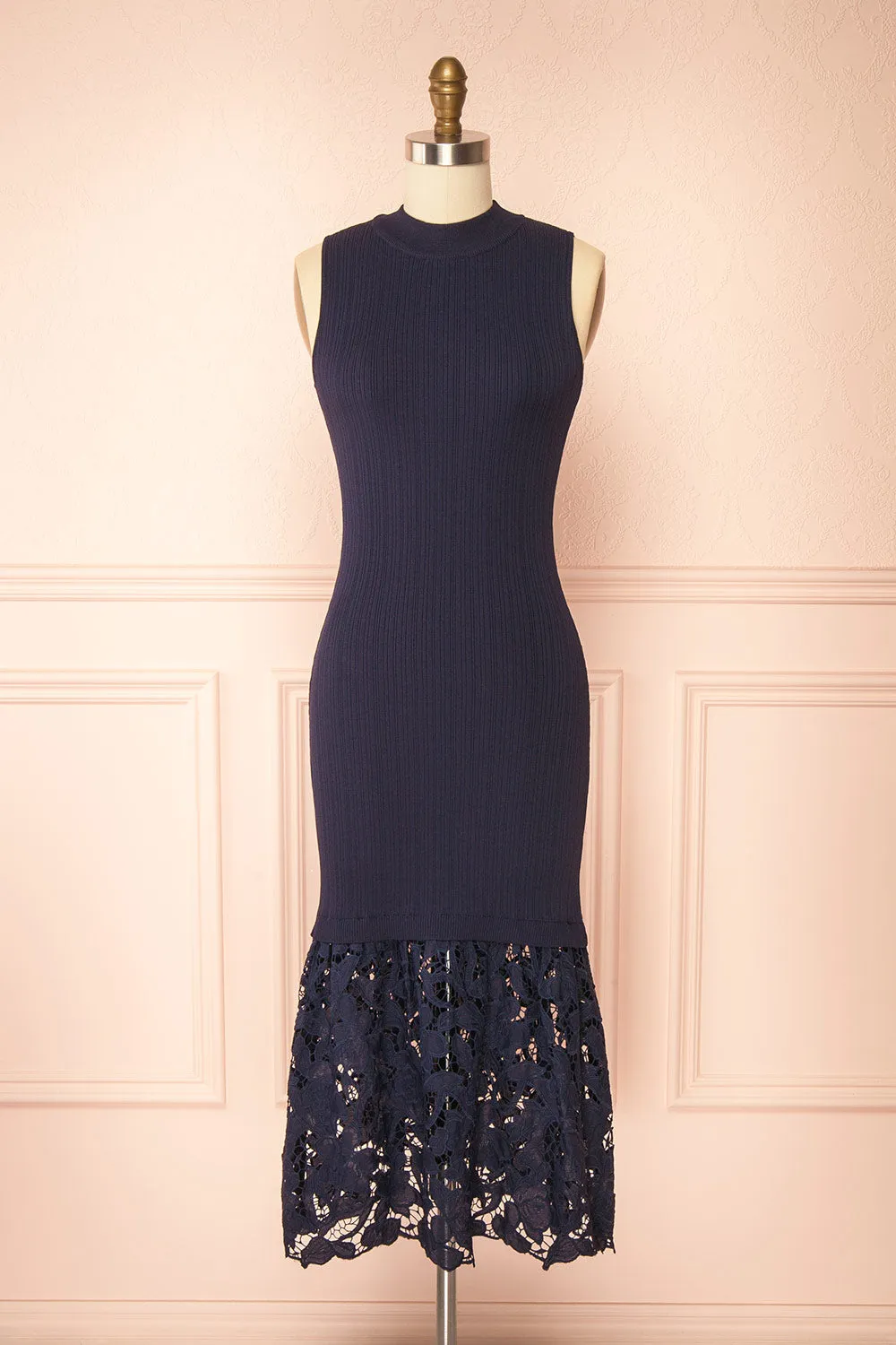 Christie | Sleeveless Navy Midi Dress with Lace sold by Boutique 1861