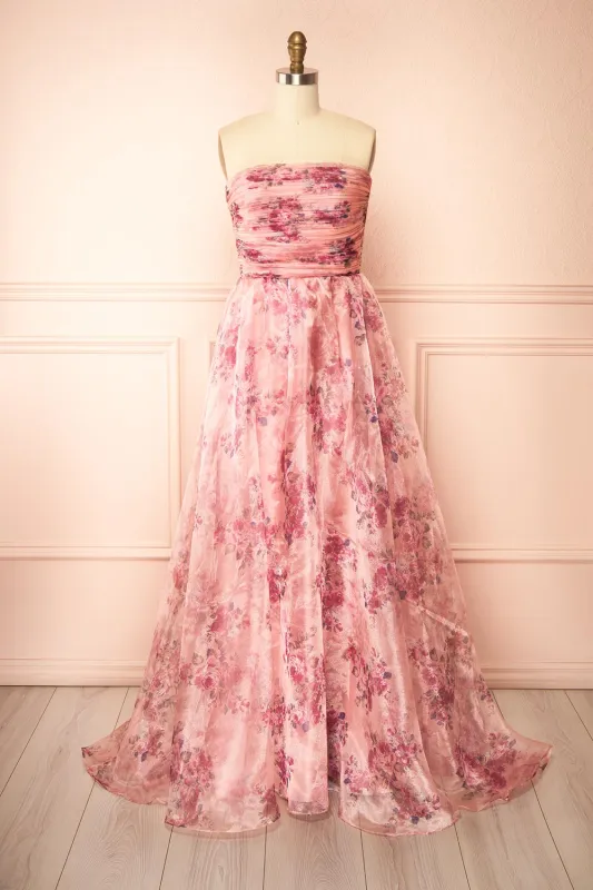 Zouleikha | Pink Floral Maxi Strapless Dress sold by Boutique 1861
