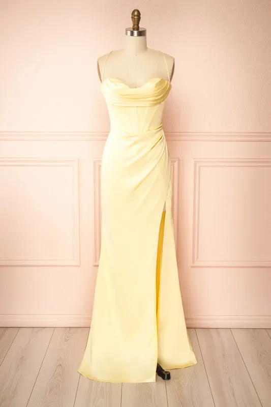 Kesha Light Yellow | Corset Cowl Neck Maxi Dress sold by Boutique 1861