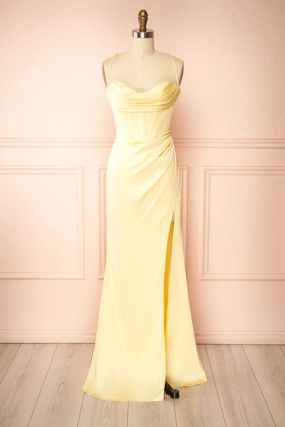 Kesha Light Yellow | Corset Cowl Neck Maxi Dress sold by Boutique 1861