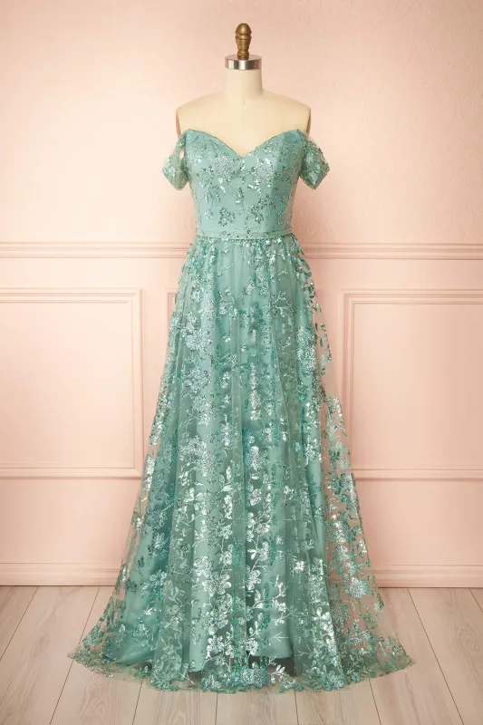 Alienor Teal | Glittery Off the Shoulder Mesh Maxi Dress sold by Boutique 1861