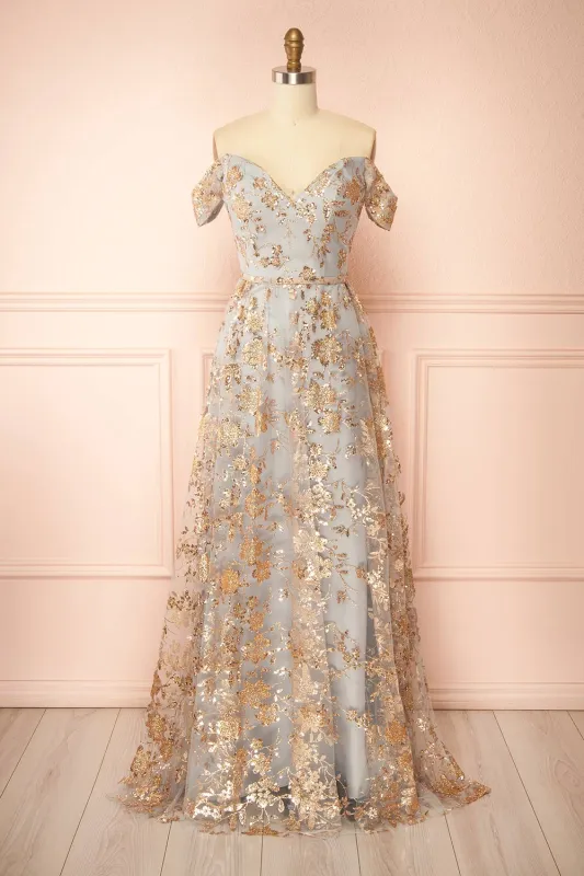 Alienor Grey | Glittery Off the Shoulder Mesh Maxi Dress sold by Boutique 1861