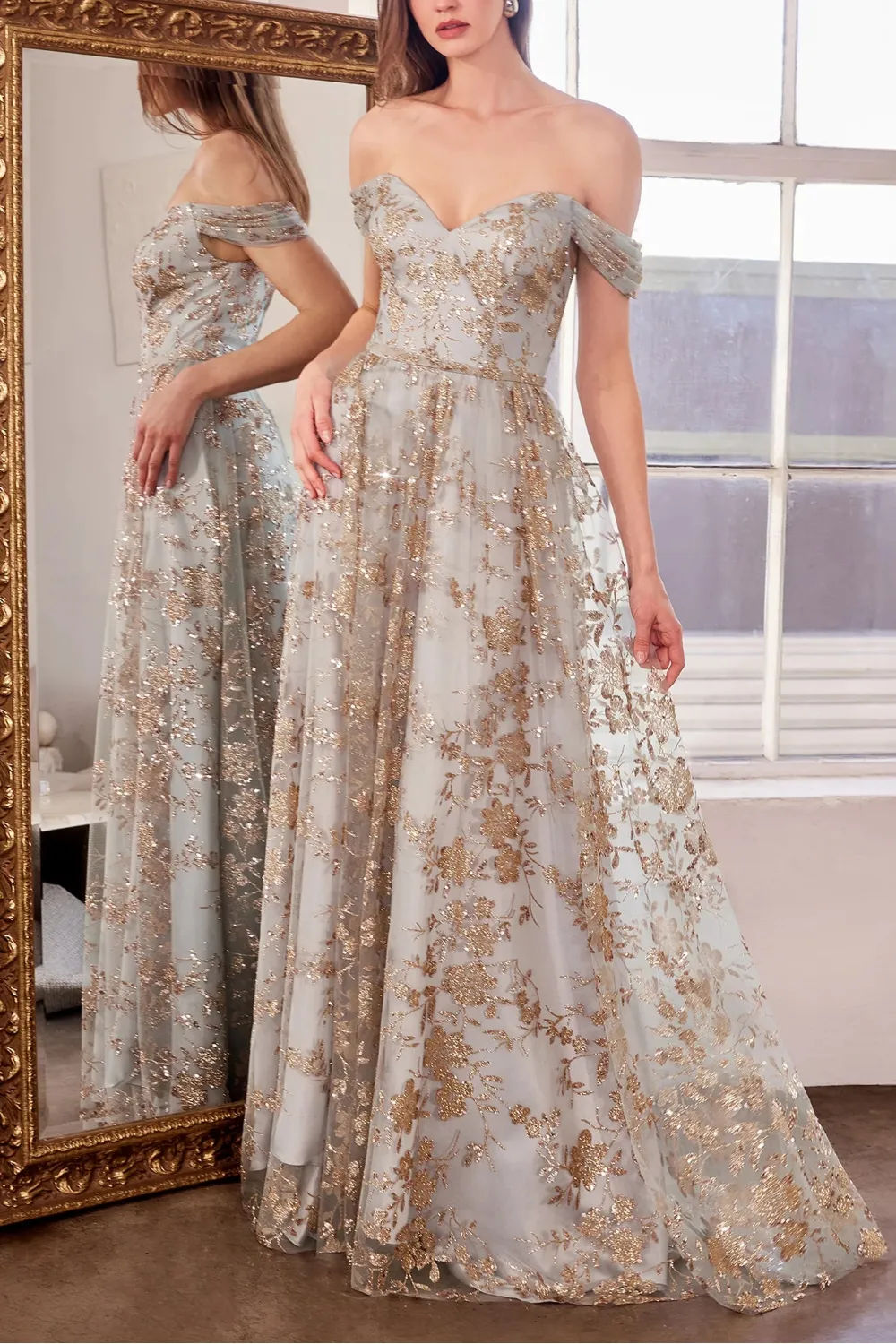 Alienor Grey | Glittery Off the Shoulder Mesh Maxi Dress sold by Boutique 1861 product image thumbnail 2