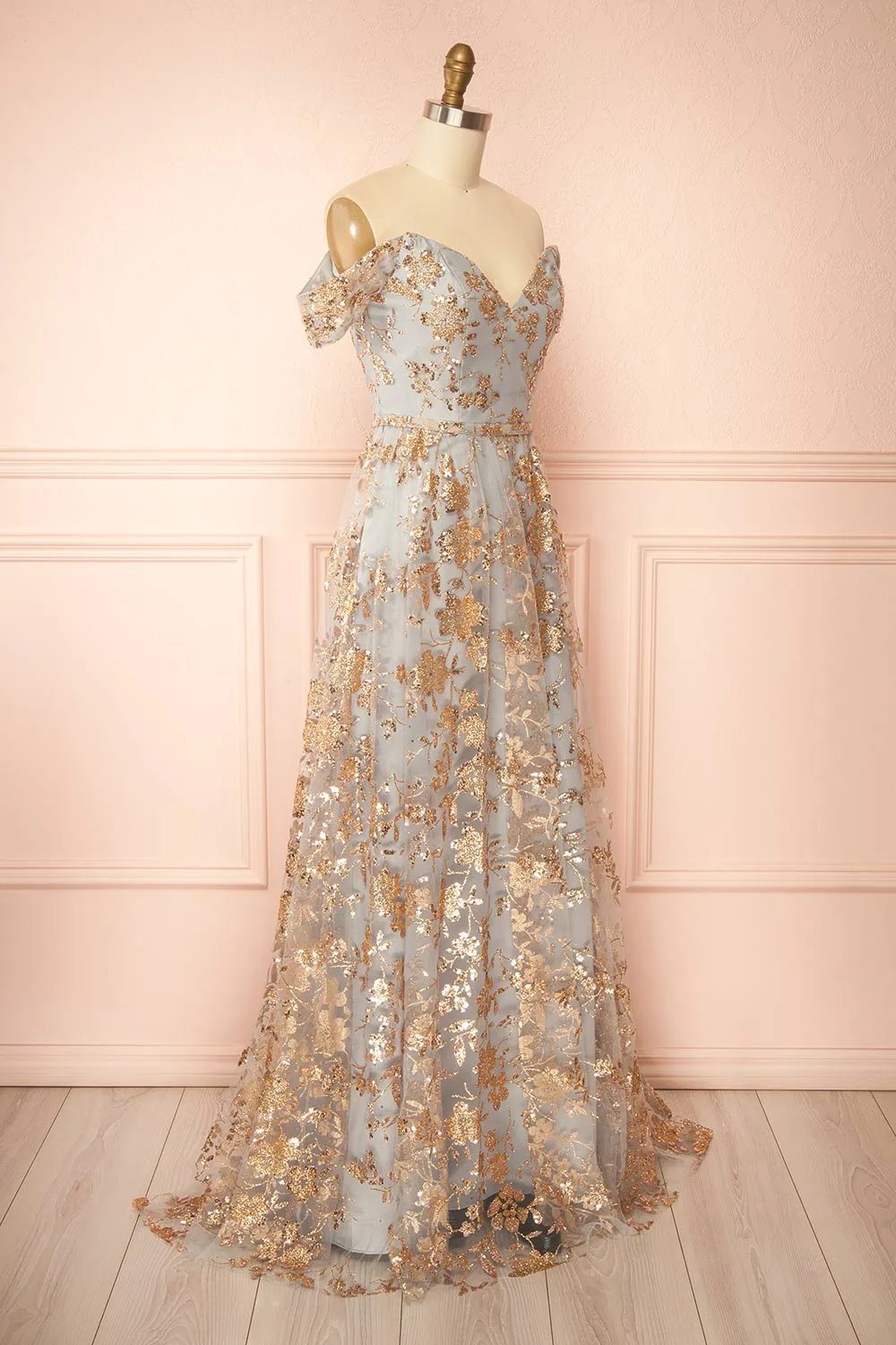 Alienor Grey | Glittery Off the Shoulder Mesh Maxi Dress sold by Boutique 1861 product image thumbnail 4