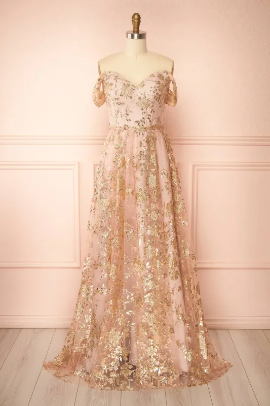 Alienor Taupe | Glittery Off the Shoulder Mesh Maxi Dress sold by Boutique 1861