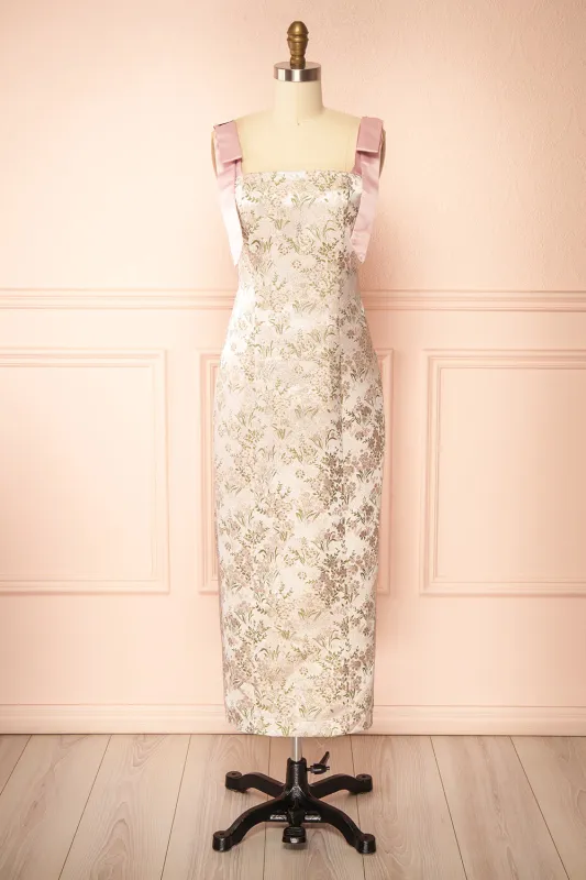Dianne | Midi Jacquard Dress with Pink Straps sold by Boutique 1861