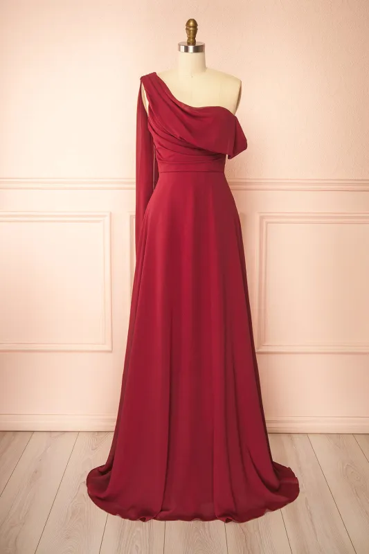 Zorua Burgundy | One-Shoulder Maxi Dress with Cape Sleeve sold by Boutique 1861