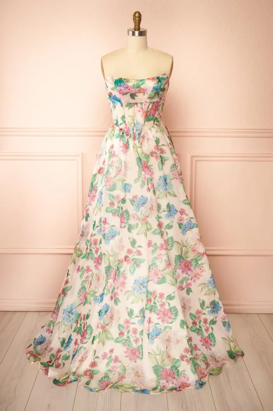 Scottie | Floral Corset Maxi Dress with Draped Bustier sold by Boutique 1861